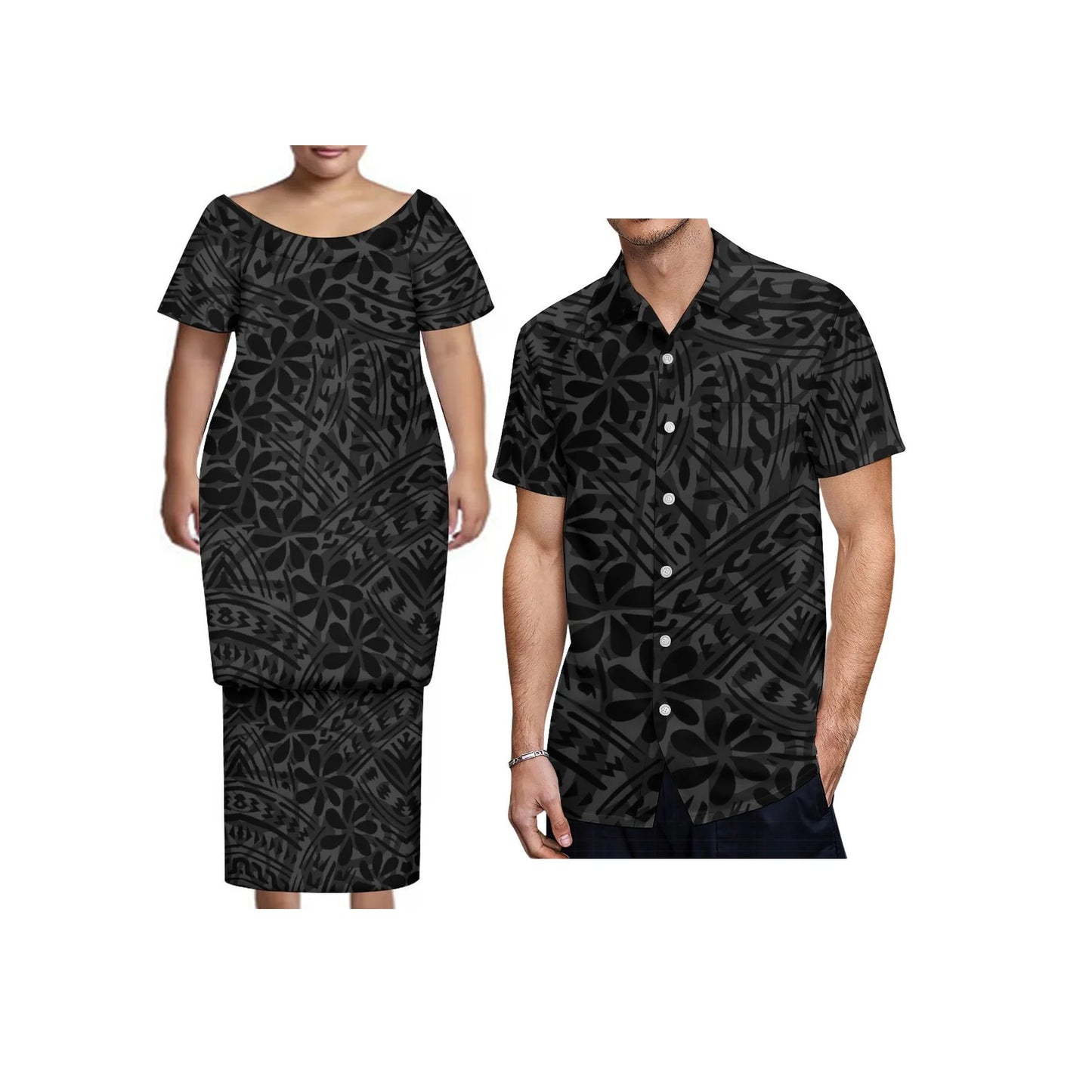 New Tonga Polynesian Short Sleeve Dress Big Size Women Button Puletasi Dress and Aloha Men Shirt Match Couple Clothes Two Piece