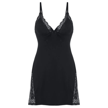 Sleepwear Women Lace Sexy Spaghetti Strap Home Clothes Solid Nighte Low Cut Sleeveless Split Nightgown Backless Ultra Mini Dress
