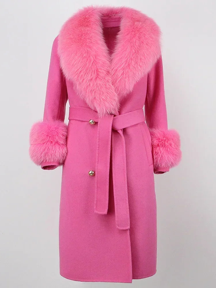 Double Breasted Woolen Jacket Belt Warm Cashmere Real Fur Coat Streetwear New Fashion 2024 Winter Women Long Natural Wool Blends