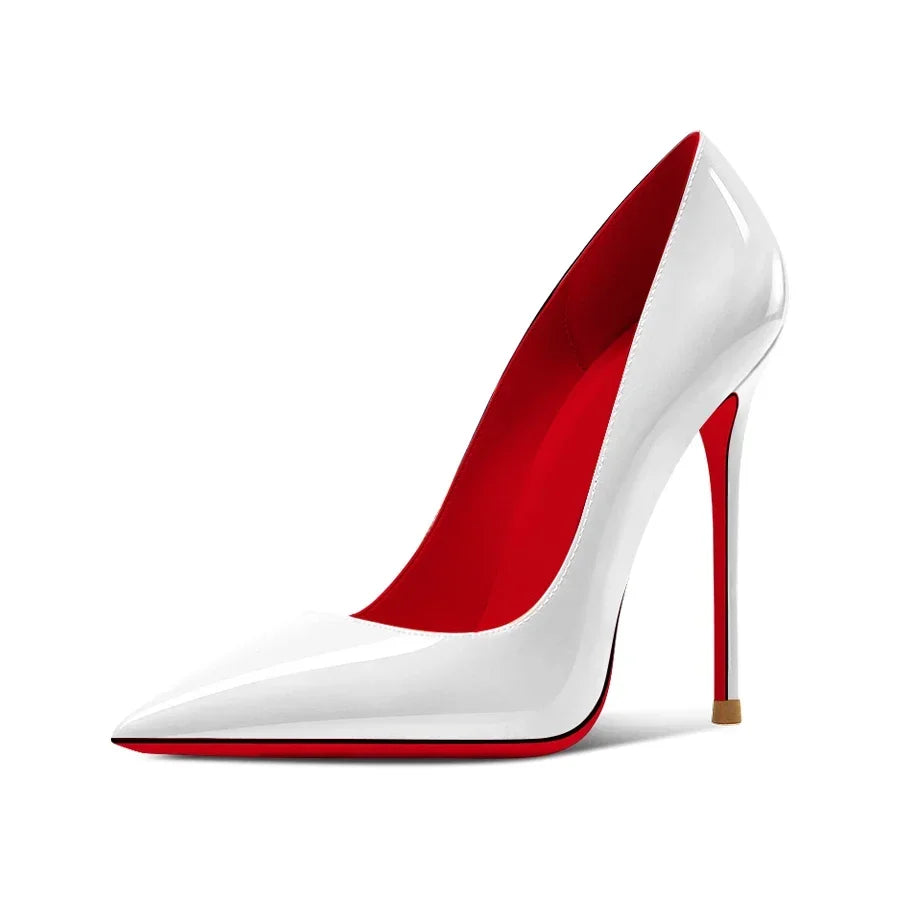 New 12cm pointed black high heels for women, slim heels with sexy temperament, shallow mouth, 34-46 red sole single shoes