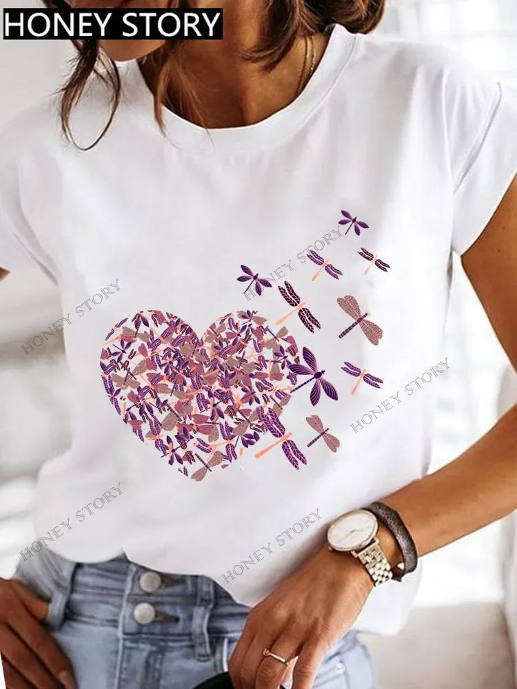 Dragonfly Butterfly Print Base Top Loose Women's Short-sleeved T-shirt Round Neck Oversized T Shirt  Women Clothes TEE
