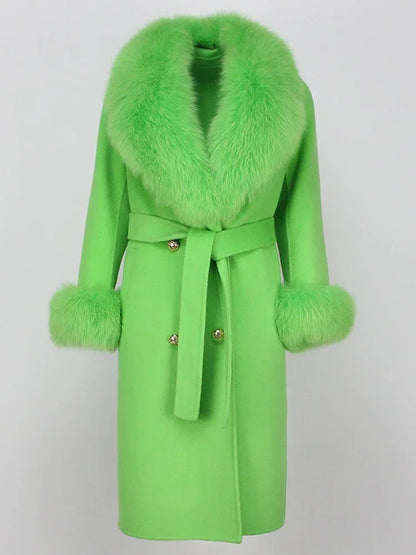 Double Breasted Woolen Jacket Belt Warm Cashmere Real Fur Coat Streetwear New Fashion 2024 Winter Women Long Natural Wool Blends