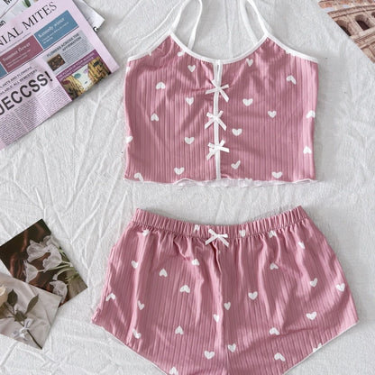 Women's Pajamas Fashion Lace Patchwork Heart Print Bowknot Decoration Sexy Cami Sleepwear Set  Sleeveless V-Neck Summer Lingerie