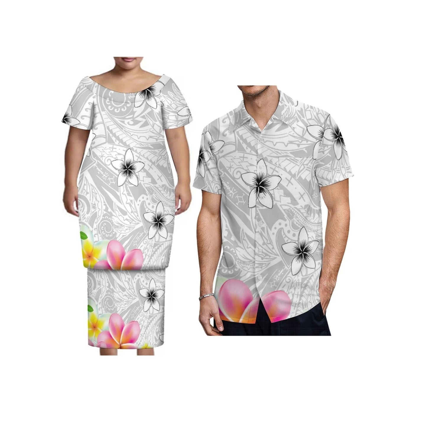 New Tonga Polynesian Short Sleeve Dress Big Size Women Button Puletasi Dress and Aloha Men Shirt Match Couple Clothes Two Piece