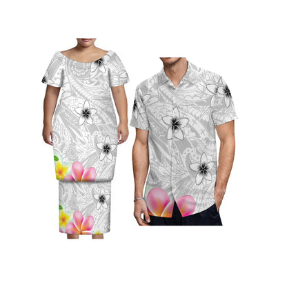 New Tonga Polynesian Short Sleeve Dress Big Size Women Button Puletasi Dress and Aloha Men Shirt Match Couple Clothes Two Piece