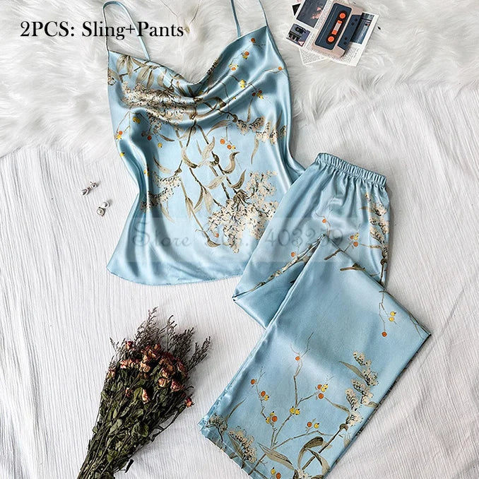 Four Pieces Pajamas Set Printed Little Cherry Sleepwear Women Satin Nightgown With Suspender Sling&Shorts Summer Home Clothes