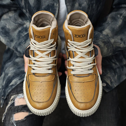 Winter high top men's shoes, sports work casual leather shoes, retro workwear, versatile, trendy casual sports shoes