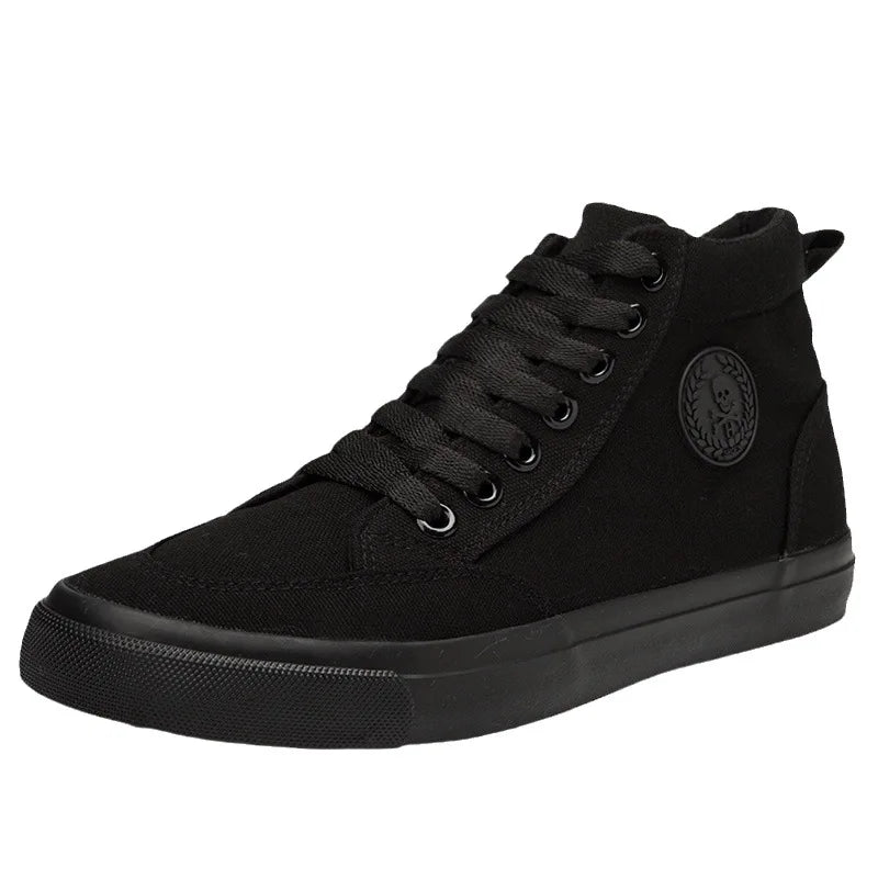 Men's High-Top Canvas Sneakers Slip-On Lace-Up Casual All-Black Basic Skate Shoes for Students Flat Sole Comfortable Sport Shoes