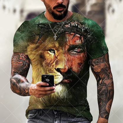 Christ Jesus T-Shirts for Men 3D Lion Printed T-Shirt Summer Clothes Short Sleeve Streetwear Vintage Tops Tee Shirt Men Clothing