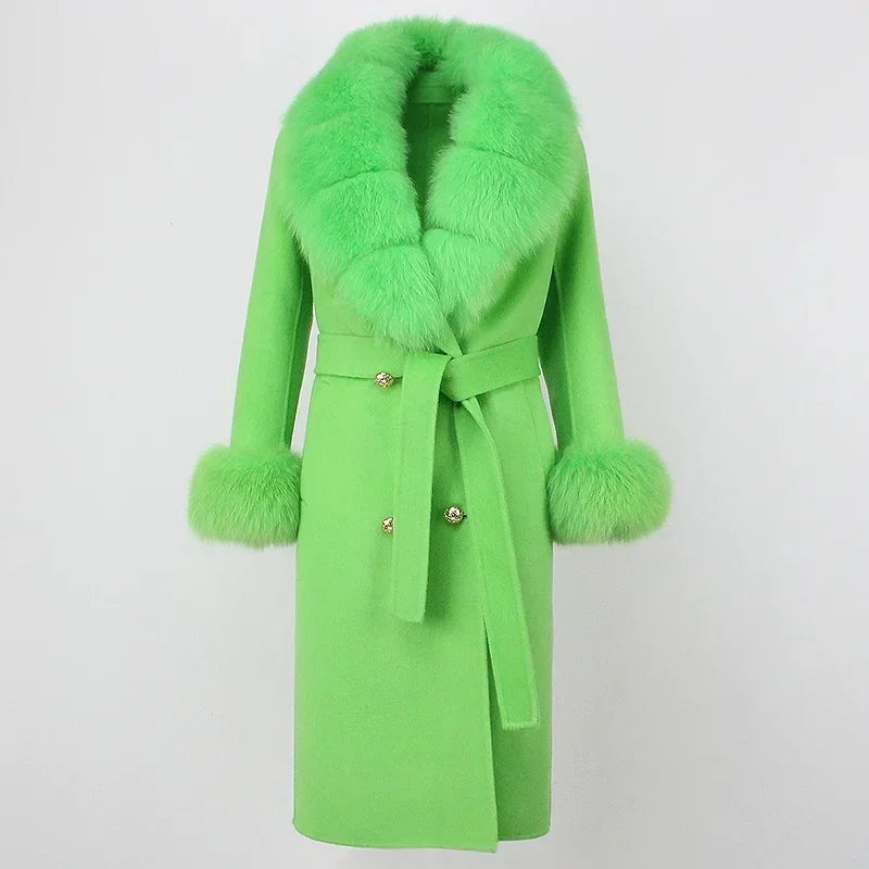 Double Breasted Woolen Jacket Belt Warm Cashmere Real Fur Coat Streetwear New Fashion 2024 Winter Women Long Natural Wool Blends