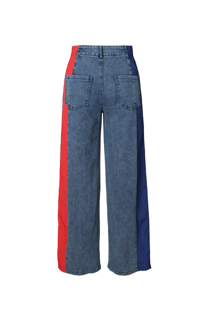 Denim Pants Women Patchwork Spliced Long Pant Mom Straight Button High Waist Casual Jeans Trousers Pocket Lady Y2k Autumn