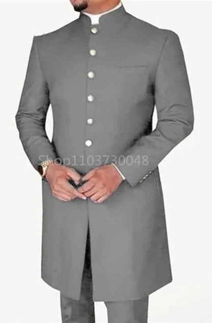 2 Pieces Fashion Style Men Suits Long Coat with Pants Smart Casual Men's Business/Wedding Suits Single Breasted Jacket Trousers