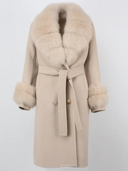 Double Breasted Woolen Jacket Belt Warm Cashmere Real Fur Coat Streetwear New Fashion 2024 Winter Women Long Natural Wool Blends