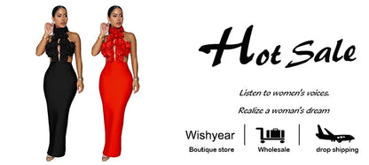 New Autumn Halter Sleeveless Backless Cutout Red 3D Flower Long Maxi Dress for Women Elegant Sexy Evening Birthday Party Vestido