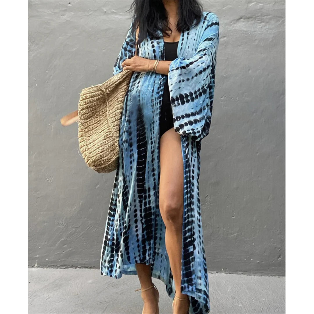 New 11 Colors Printed Long Sleeve With Belt Tunic Beach Cover Up Cover-ups Beach Dress Beach Wear Beachwear Female Women V4521
