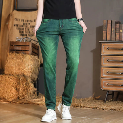 Emerald Green Jeans High-End Embroidery Slim Straight Leg Men Pants Personality Fashion Everything Trend Elastic Denim Pant