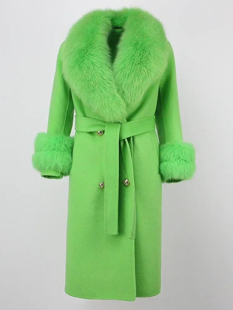 Double Breasted Woolen Jacket Belt Warm Cashmere Real Fur Coat Streetwear New Fashion 2024 Winter Women Long Natural Wool Blends