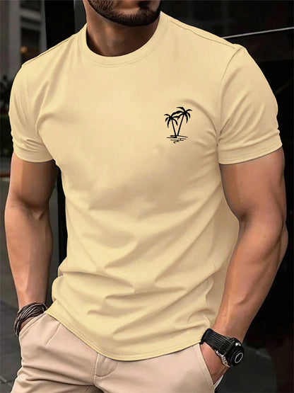 Men's summer 100 cotton fashionable casual loose sports fashionable coconut tree print round neck short sleeved T-shirt top