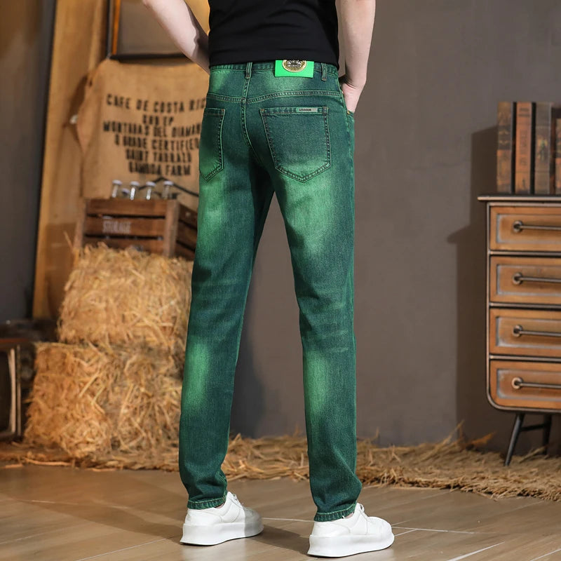Emerald Green Jeans High-End Embroidery Slim Straight Leg Men Pants Personality Fashion Everything Trend Elastic Denim Pant