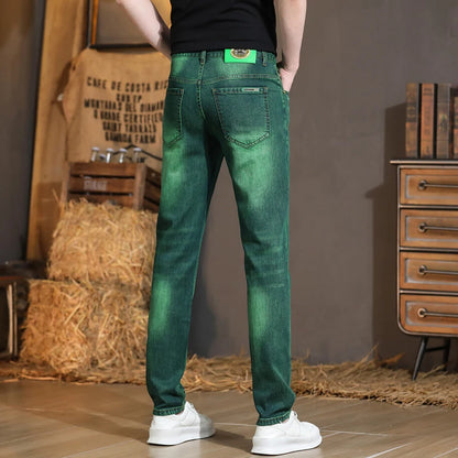 Emerald Green Jeans High-End Embroidery Slim Straight Leg Men Pants Personality Fashion Everything Trend Elastic Denim Pant