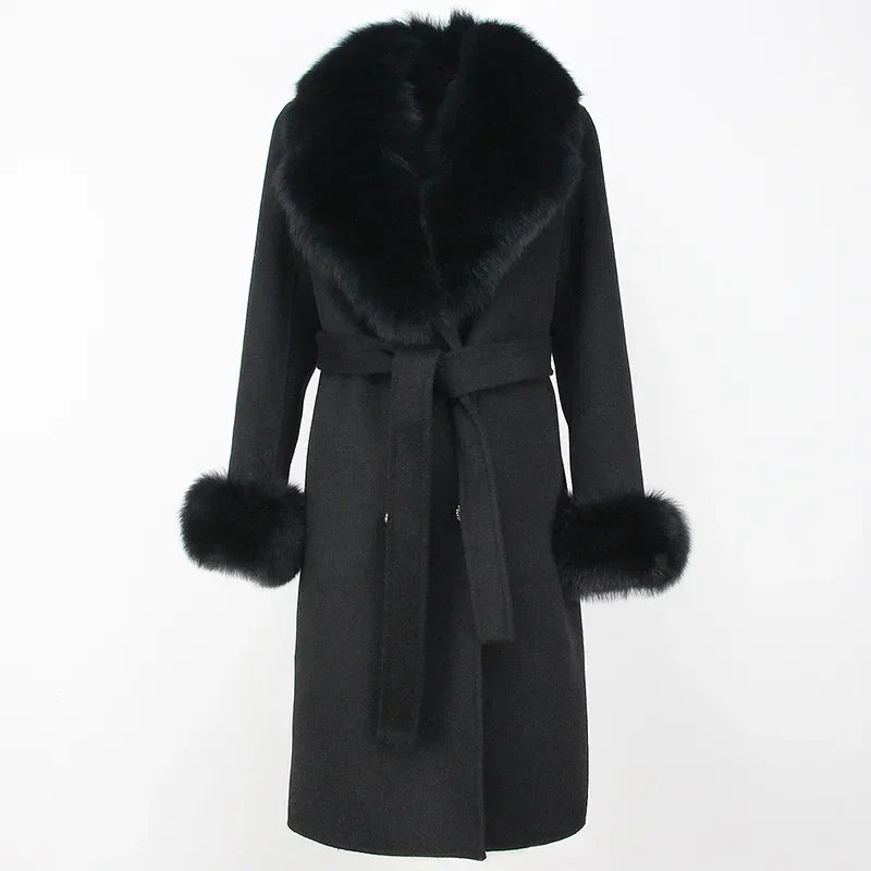 Double Breasted Woolen Jacket Belt Warm Cashmere Real Fur Coat Streetwear New Fashion 2024 Winter Women Long Natural Wool Blends