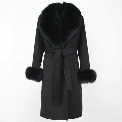 Double Breasted Woolen Jacket Belt Warm Cashmere Real Fur Coat Streetwear New Fashion 2024 Winter Women Long Natural Wool Blends