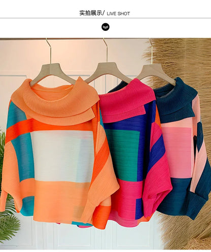 Miyake Pleated Turndown Collar Batwing Sleeve Top Women Geometric Printed Loose T-shirt