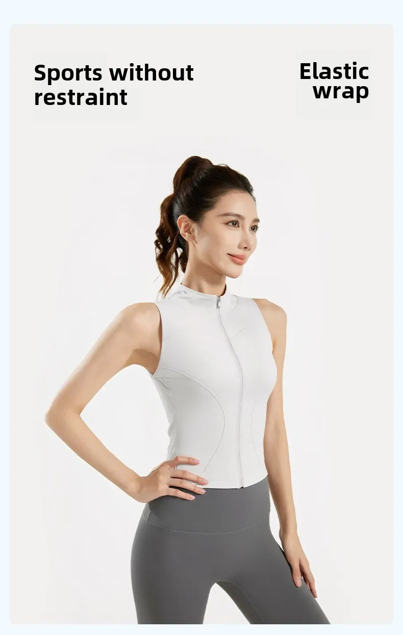 Spring and Summer New Sleeveless Vest Women's Yoga Jacket Slimming Stretch Slim Sports Jacket Standing Collar Zipper Top Fitness