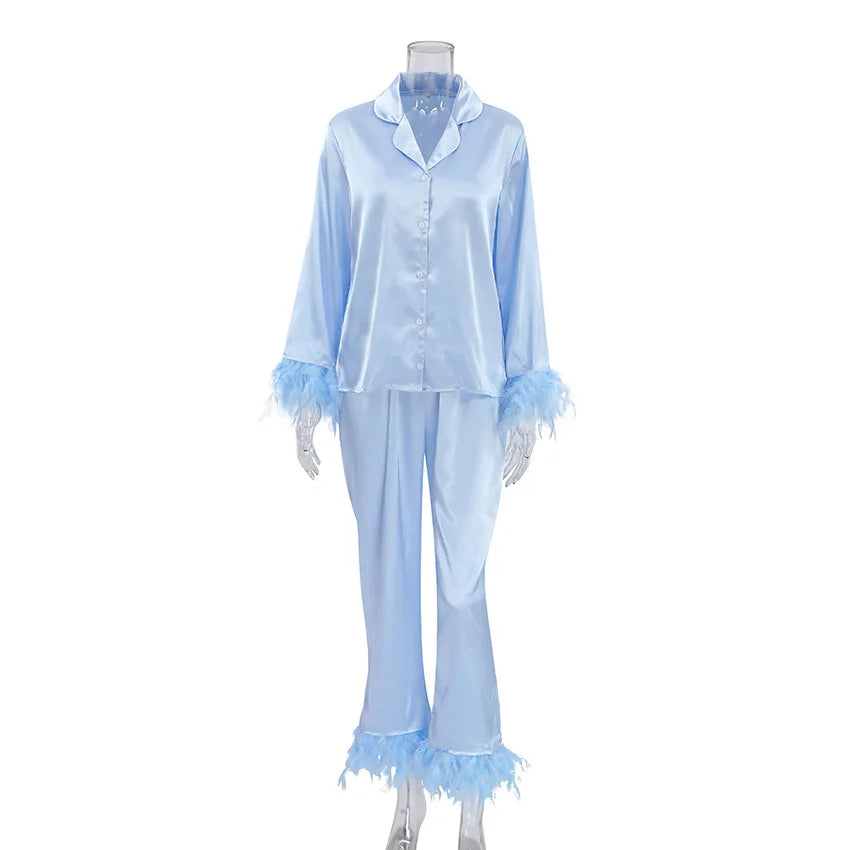 NHKDSASA Feathers Sleepwear Female 2 Piece Set Long Sleeve Turn Down Collar Tops Satin Casual Women Sets With Pants Summer 2023