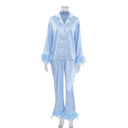NHKDSASA Feathers Sleepwear Female 2 Piece Set Long Sleeve Turn Down Collar Tops Satin Casual Women Sets With Pants Summer 2023