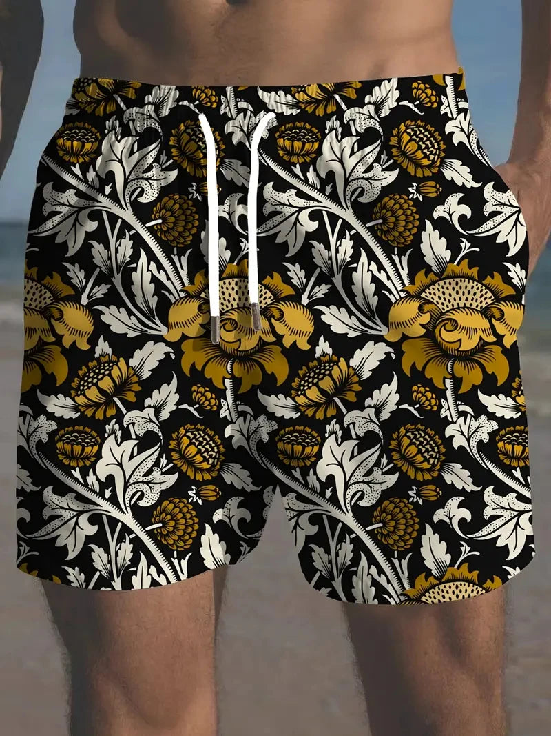 2025 New Men Shorts Beach Shorts Quick Drying 3D Print Retro Flower Pattern Beach Shorts Harajuku Casual Unisex Swimming Trunks
