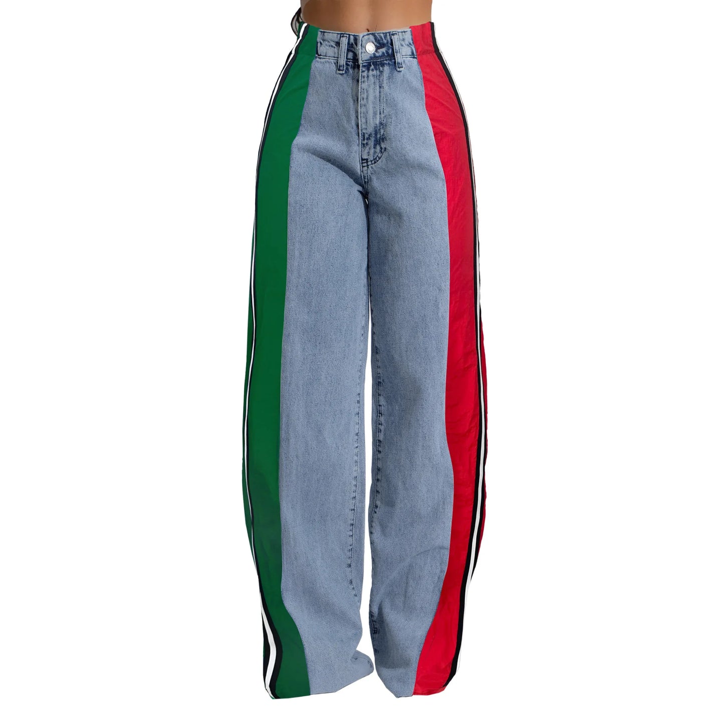 Denim Pants Women Patchwork Spliced Long Pant Mom Straight Button High Waist Casual Jeans Trousers Pocket Lady Y2k Autumn