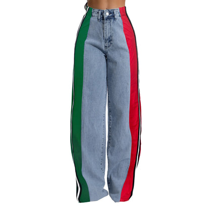 Denim Pants Women Patchwork Spliced Long Pant Mom Straight Button High Waist Casual Jeans Trousers Pocket Lady Y2k Autumn