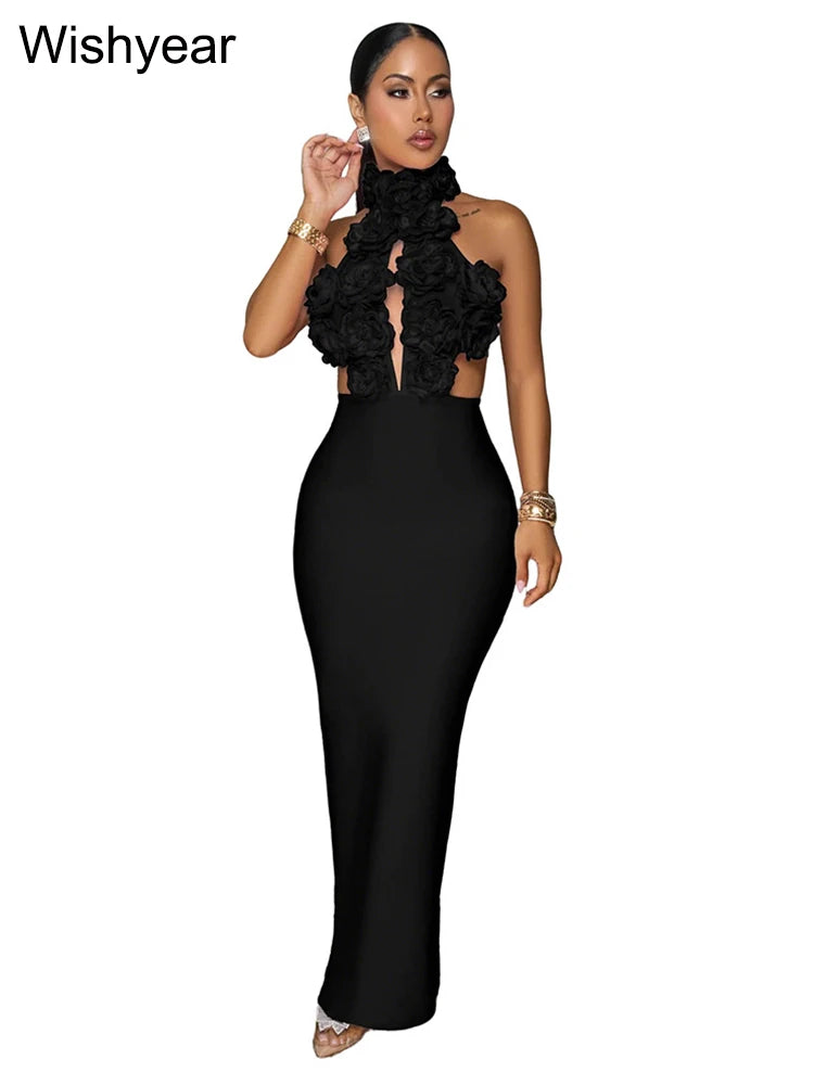 New Autumn Halter Sleeveless Backless Cutout Red 3D Flower Long Maxi Dress for Women Elegant Sexy Evening Birthday Party Vestido