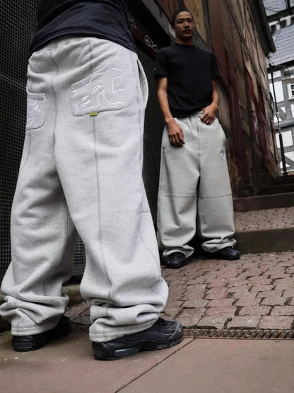 Embroidered new retro hip-hop street casual pants loose grey high waist fashionable retro street sweatpants couple hot sale