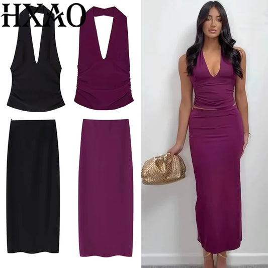 HXAO Skirt 2 Piece Set Halter Crop Top Women Long Skirt Outfit Ruched Tight Pencil Skirt And Top Two Piece Set Summer Set 088