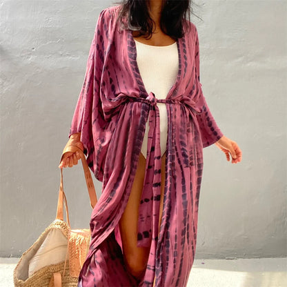 New 11 Colors Printed Long Sleeve With Belt Tunic Beach Cover Up Cover-ups Beach Dress Beach Wear Beachwear Female Women V4521