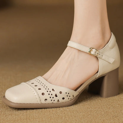 Women's sheepskin hollow-out summer sandals ankle strap square toe 6cm thick med heel elegant ladies heeled dress slim shoes 40