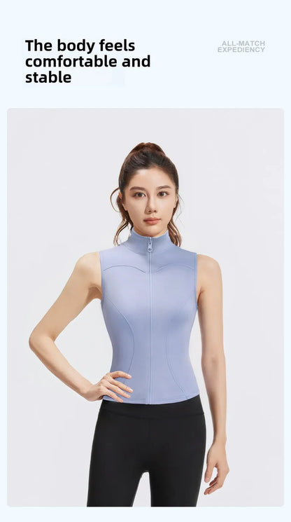 Spring and Summer New Sleeveless Vest Women's Yoga Jacket Slimming Stretch Slim Sports Jacket Standing Collar Zipper Top Fitness
