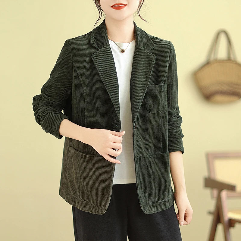 Retro Corduroy ort Suit Jaet Women's Loose Casual Striped Velvet Open Cardigan Top Spring 2026 New Sle Cotton Material