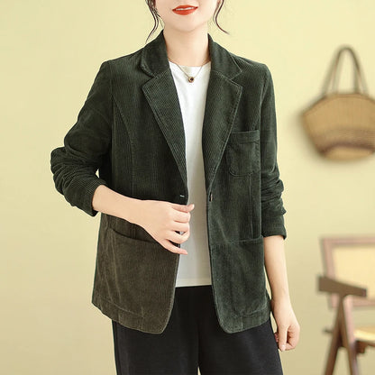 Retro Corduroy ort Suit Jaet Women's Loose Casual Striped Velvet Open Cardigan Top Spring 2026 New Sle Cotton Material
