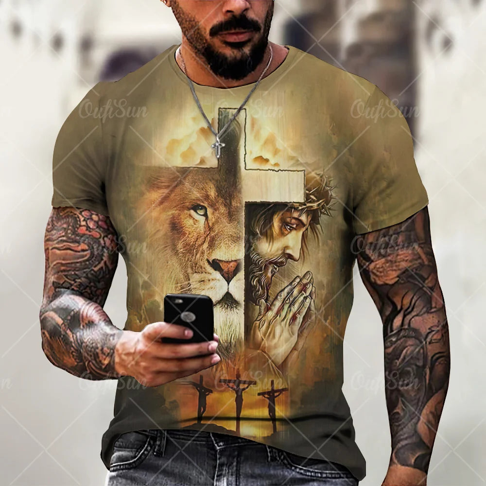 Christ Jesus T-Shirts for Men 3D Lion Printed T-Shirt Summer Clothes Short Sleeve Streetwear Vintage Tops Tee Shirt Men Clothing