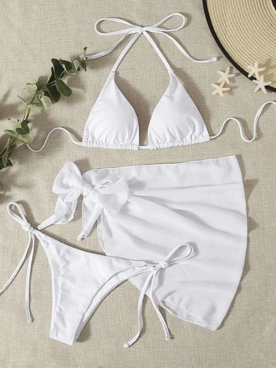 2026 Women's High Waist Bikini Set Halter Cut Out Mesh Skirt 3 Piece Swimsuit Brazilian Push Up Bra Beach Bathing Suit Swimwear
