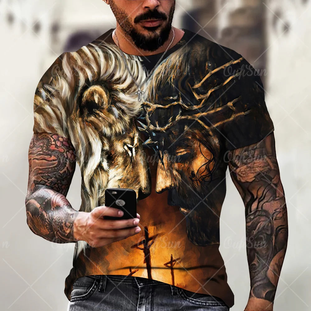 Christ Jesus T-Shirts for Men 3D Lion Printed T-Shirt Summer Clothes Short Sleeve Streetwear Vintage Tops Tee Shirt Men Clothing