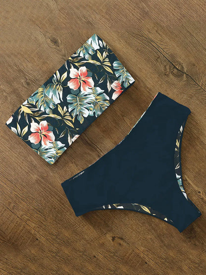 Bikini Swimwear Swimsuit Women Print High Waist Bikini Set Back Cross Bandeau Bathing Suit Female Beach Wear Biquini
