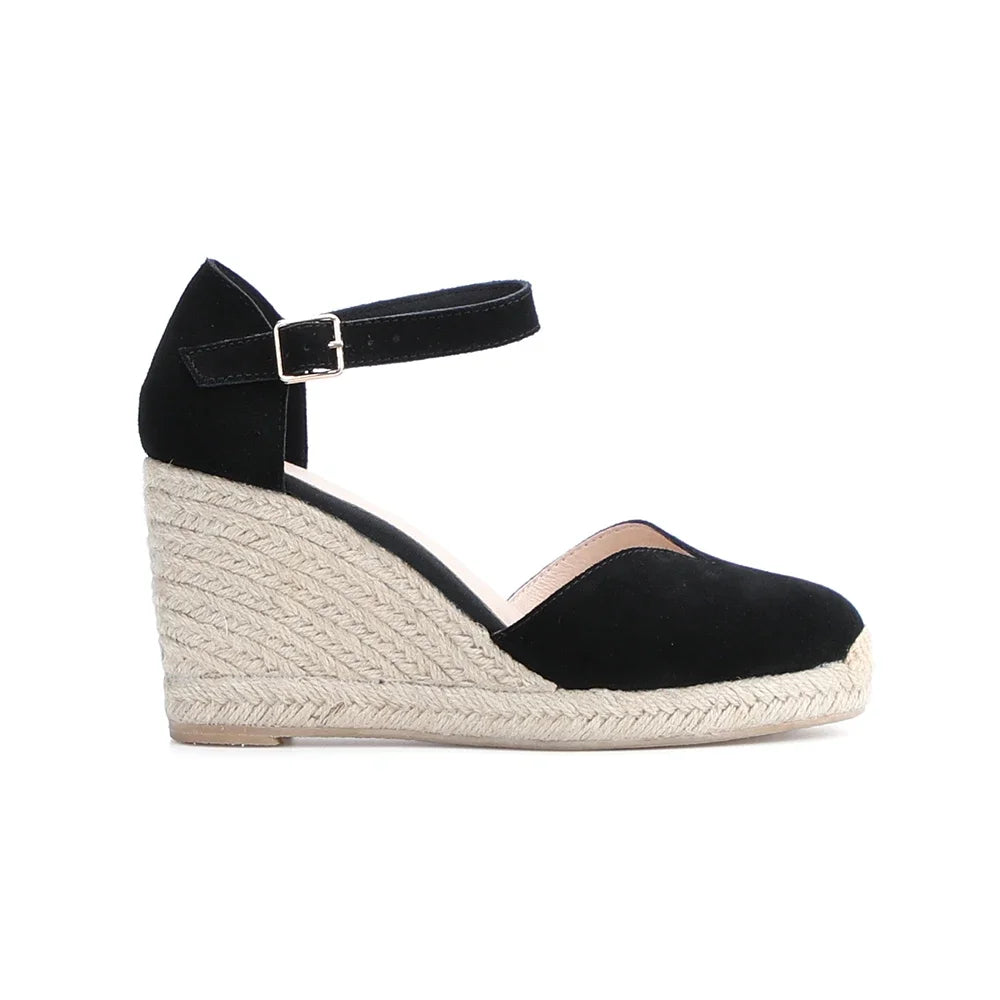 Wedge Heel Shoes Genuine Leather Women's Sandals with Ankle-wrap and 5-8cm  for Ladies