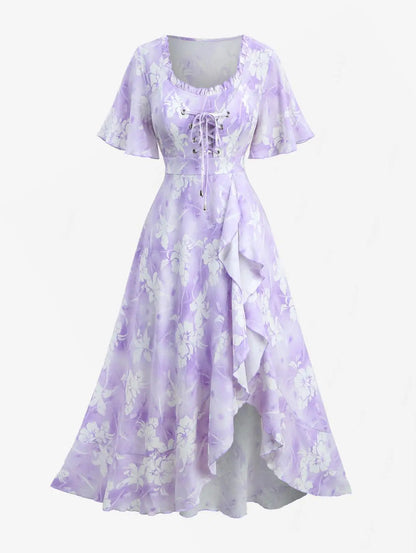 ROSEGAL Plus Size Tie Dye Floral Print Ruffles Lace-Up Dress 2026 Women Summer Dress Light Purple Square Collar Split Vestidos