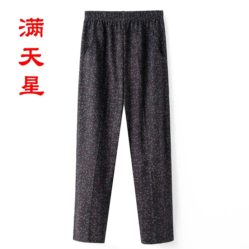 8XL 9XL Middle-aged Women Trousers New Print Elasti High Waist Casual Pants Spring and Autumn Straight Pants Oversize Grandma Pa