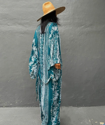 Beach Cover Ups Women Tie Dye Printed Kimono Cardigan Self Belted Wrap Dresses Summer Holiday Bathing Suits