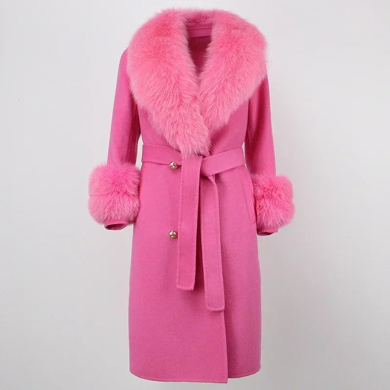 Double Breasted Woolen Jacket Belt Warm Cashmere Real Fur Coat Streetwear New Fashion 2024 Winter Women Long Natural Wool Blends